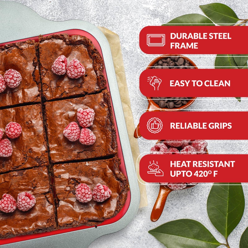 Boxiki Kitchen Non-Stick Silicone 8x8 Square Cake and Brownie Pan with Easy Grip Steel Frame Handles - Easy to Release, Oven & Dishwasher Safe - Image 2